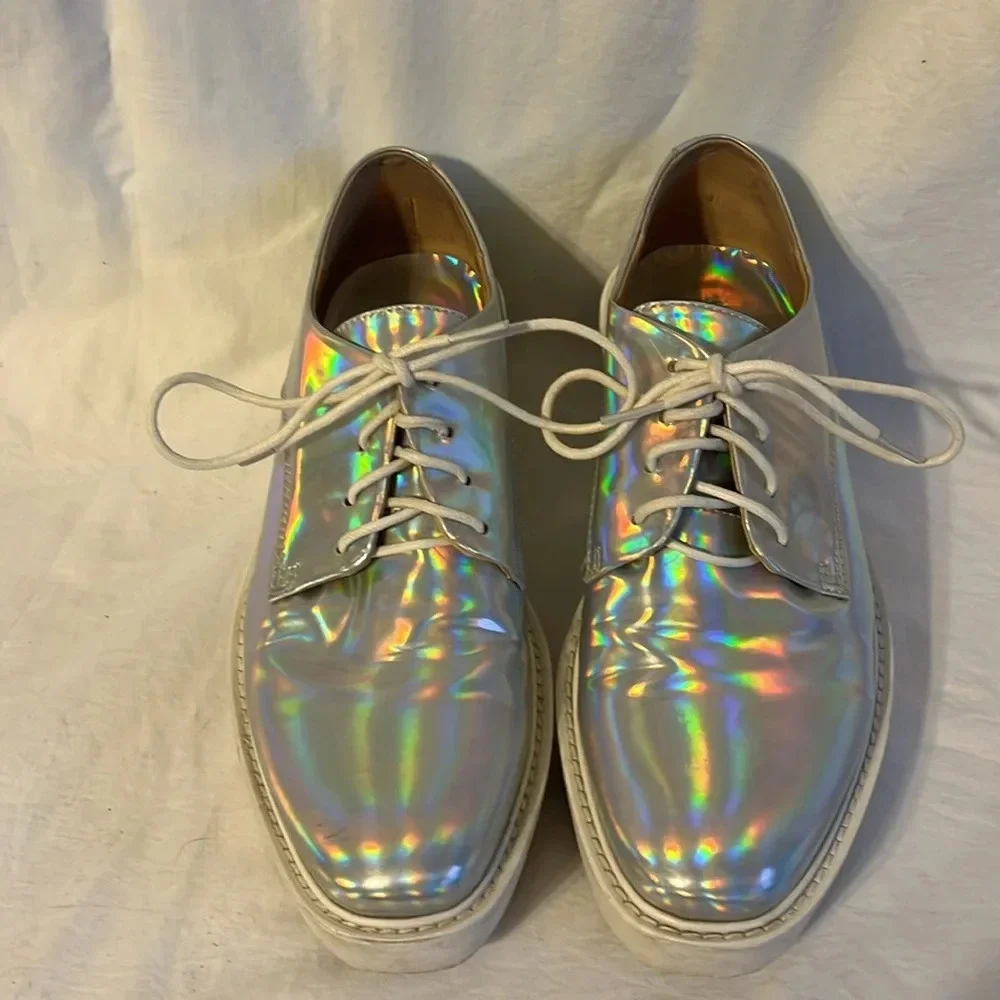 Prada Holographic Iridescent Platform Lace Up Logo Sole Shoe 37/7